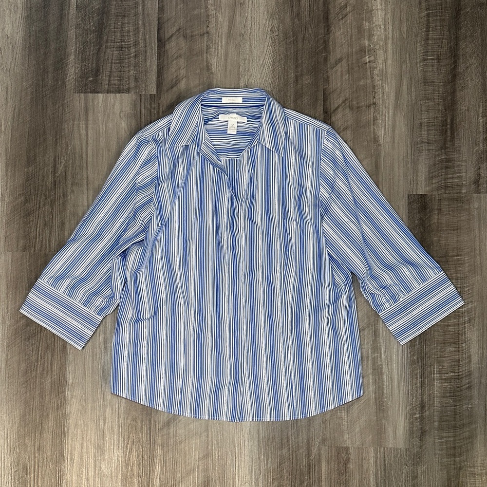 Chico’s No Iron Blue White Metallic Striped Long Sleeve Button - 2 (Large/12)